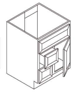 Line drawing of a cabinet with doors and drawers, shown in isometric view.